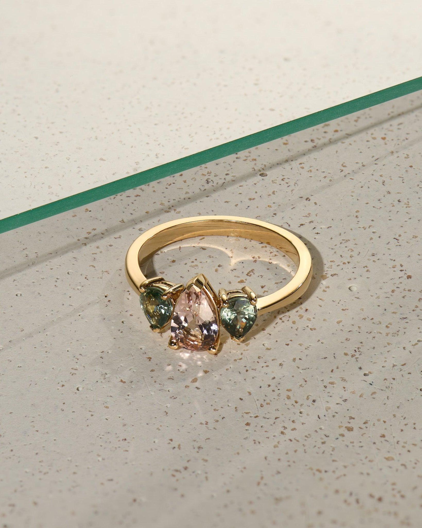 Morganite and Sapphire Triple Pear Gold Ring - Dea Dia