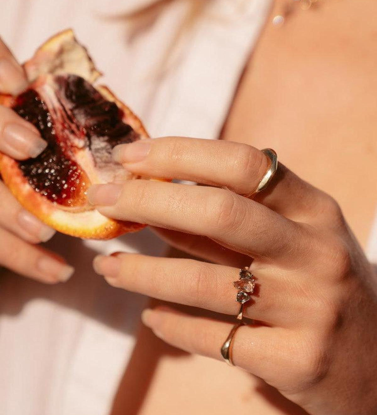 Morganite and Sapphire Triple Pear Gold Ring - Dea Dia