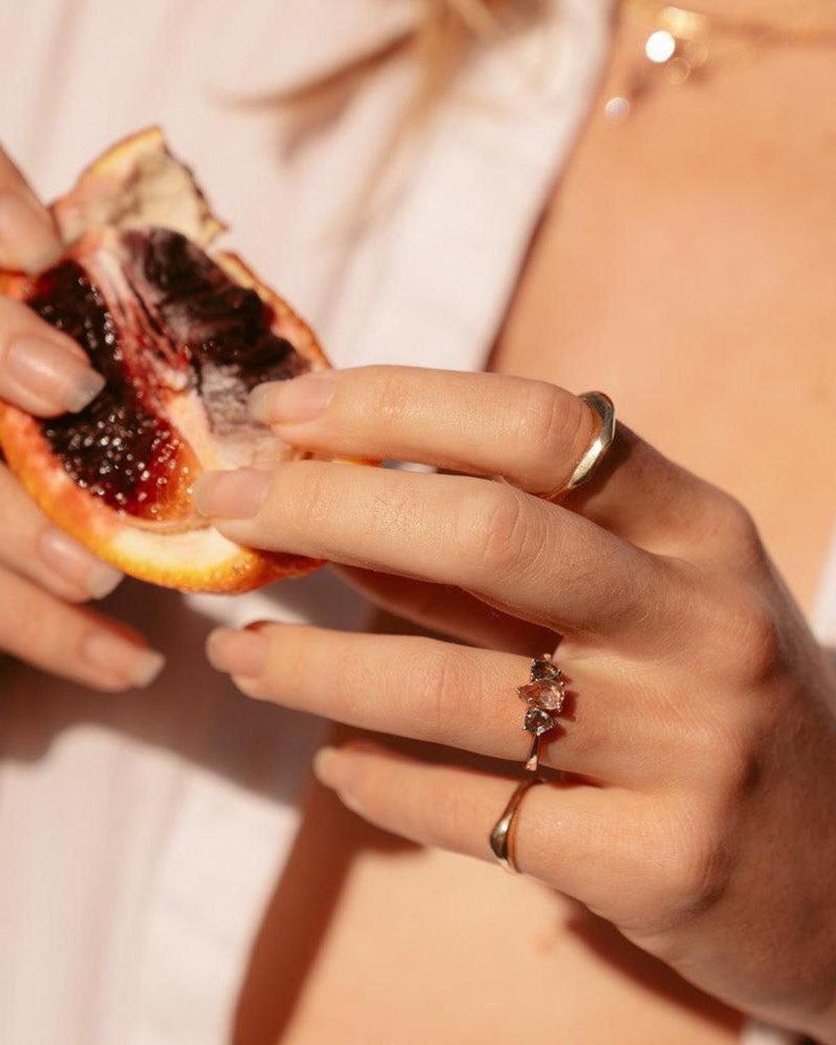 Morganite and Sapphire Triple Pear Gold Ring - Dea Dia