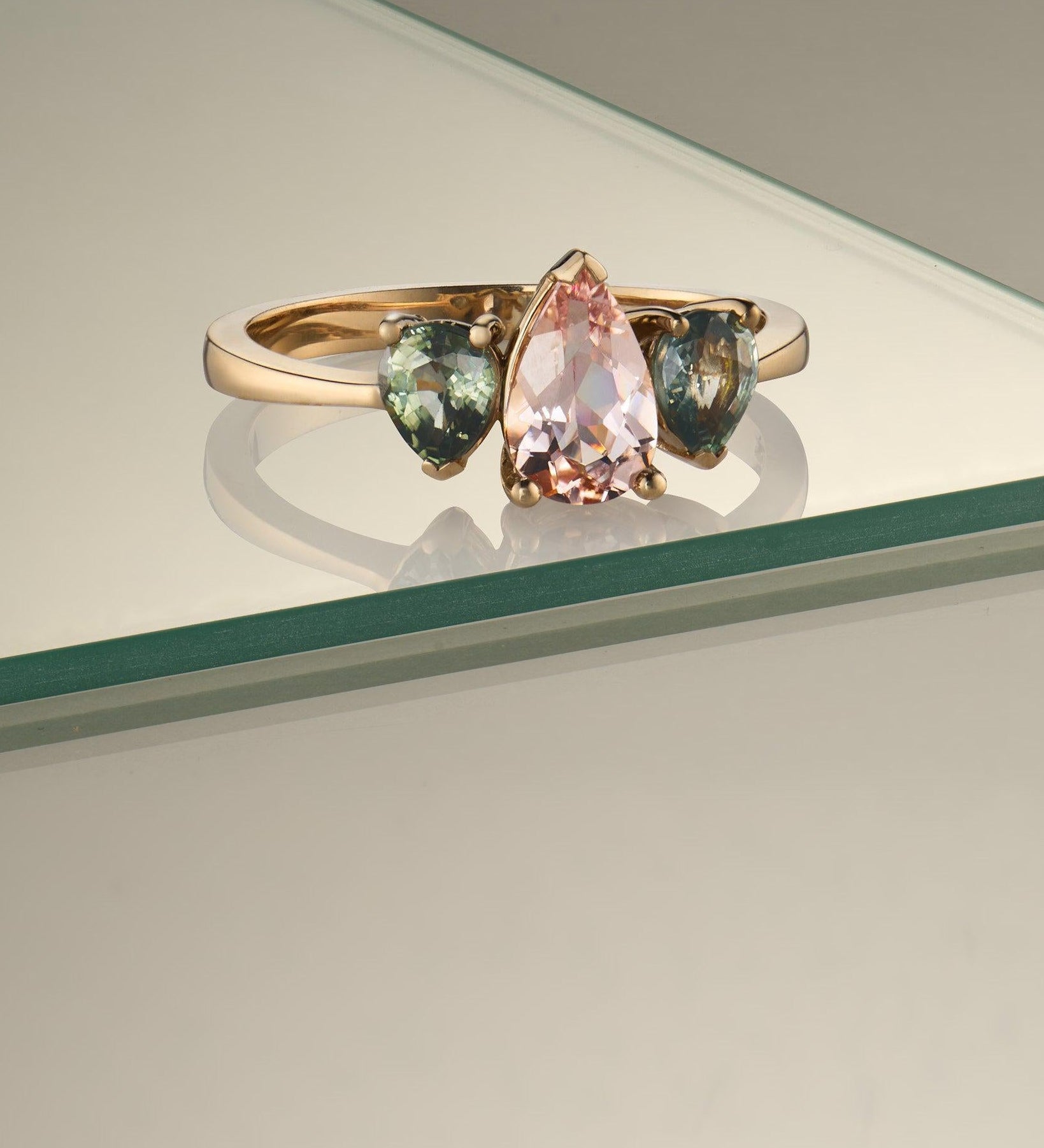 Morganite and Sapphire Triple Pear Gold Ring - Dea Dia