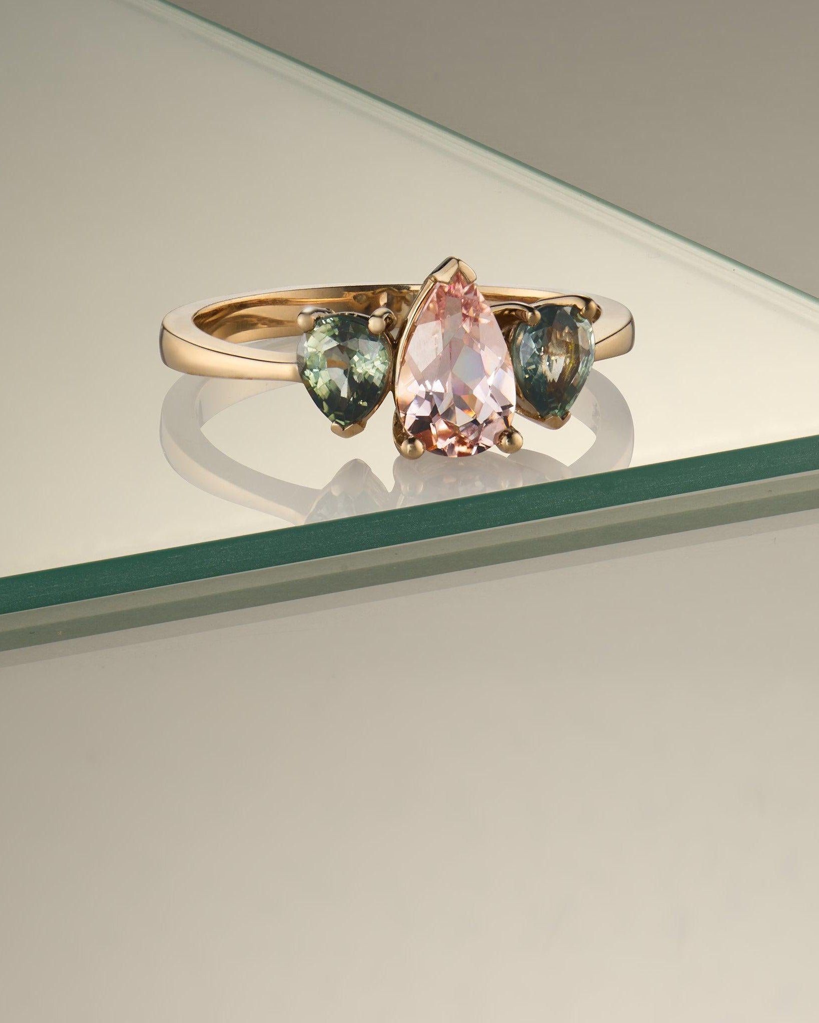 Morganite and Sapphire Triple Pear Gold Ring - Dea Dia