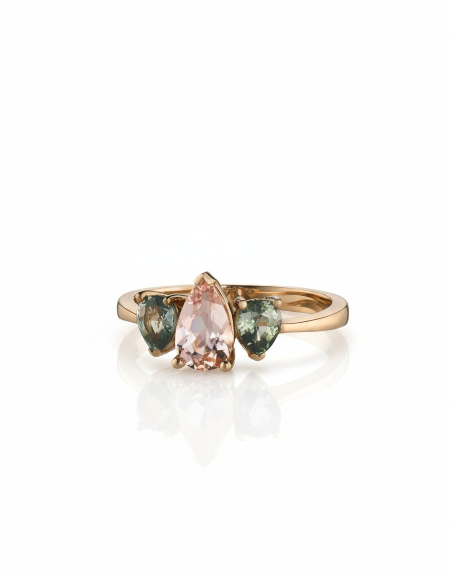 Morganite and Sapphire Triple Pear Gold Ring - Dea Dia