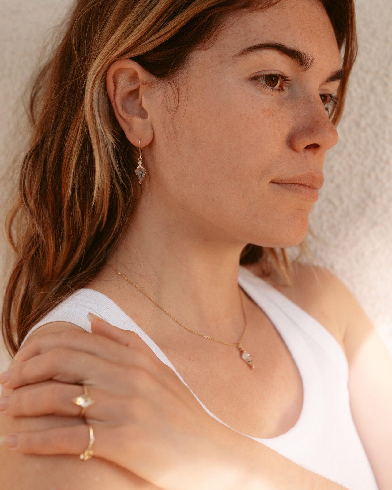 Tourmalinated Quartz and Diamond Kite Drop Earrings - Dea Dia