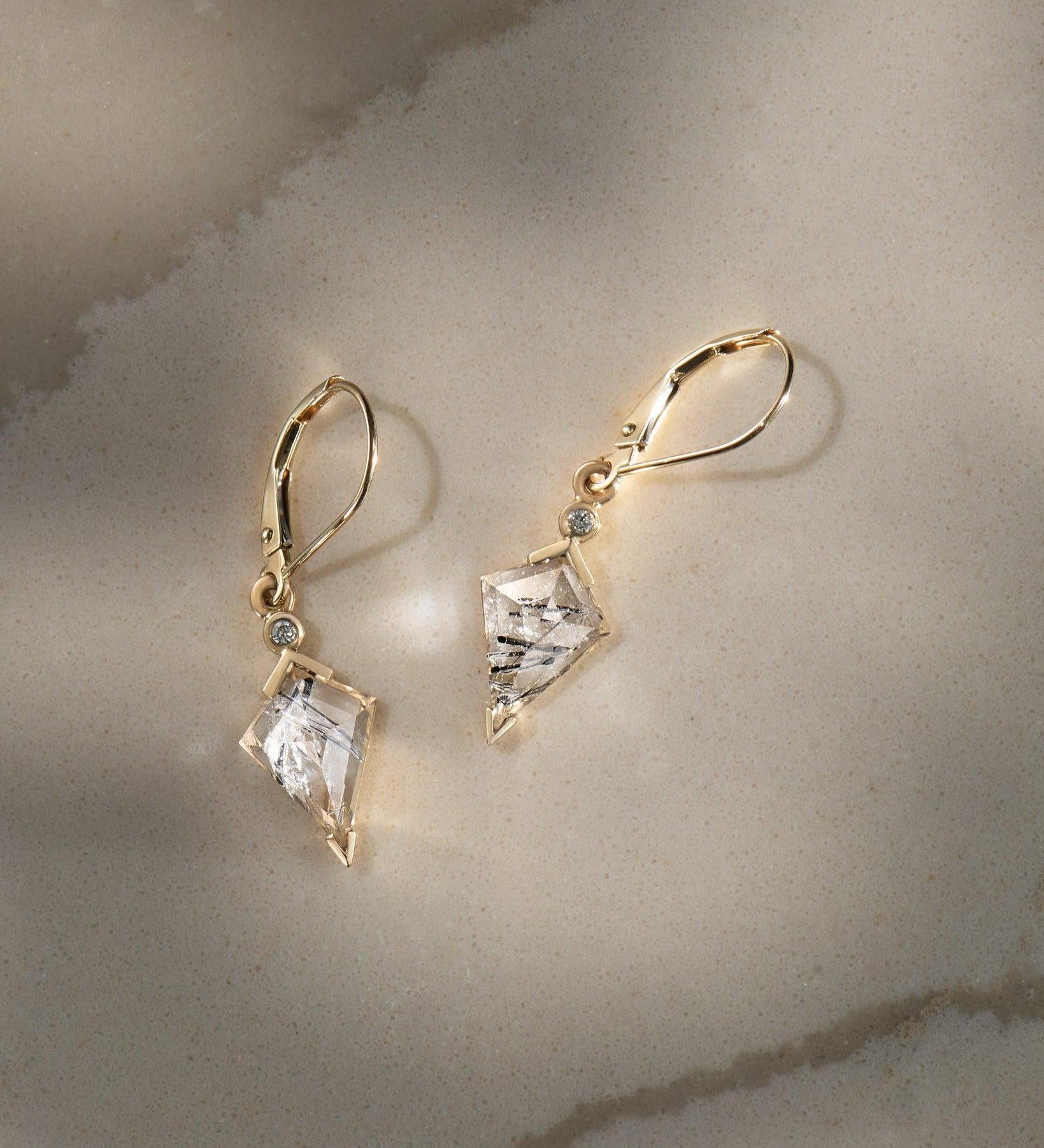 Tourmalinated Quartz and Diamond Kite Drop Earrings - Dea Dia
