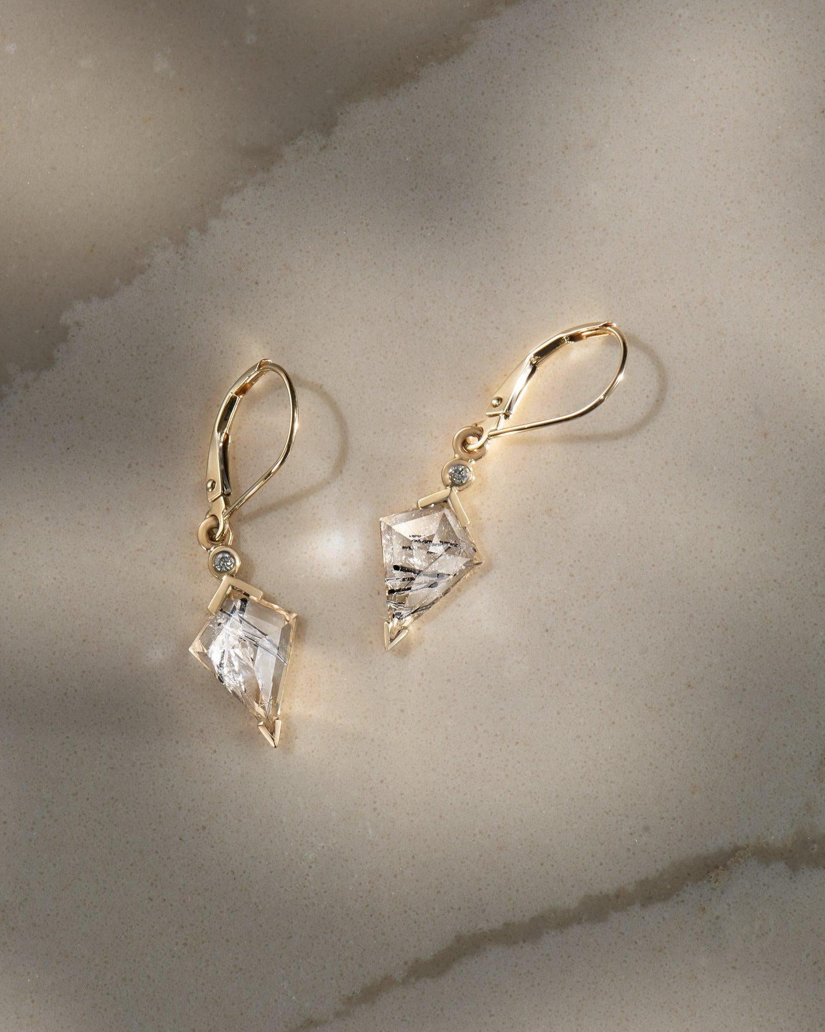 Tourmalinated Quartz and Diamond Kite Drop Earrings - Dea Dia